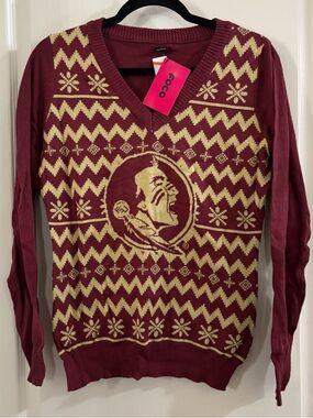 Men's FSU Garnet V-Neck Sweater with Gold Chevron & Logo Accent